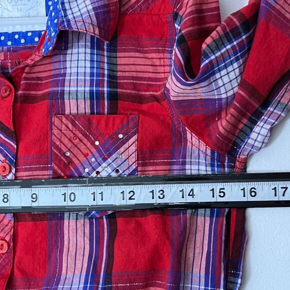 Justice Girls 14 Plaid Button Down Shirt Red Blue Long Sleeve Tie Waist Fall - Picture 6 of 9